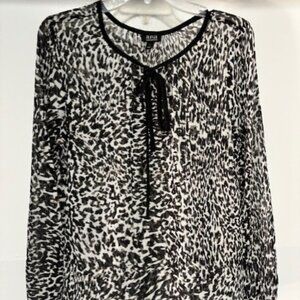 Ana New Approach L Black White Animal Print Tie Neck Sheer Neutral Statement